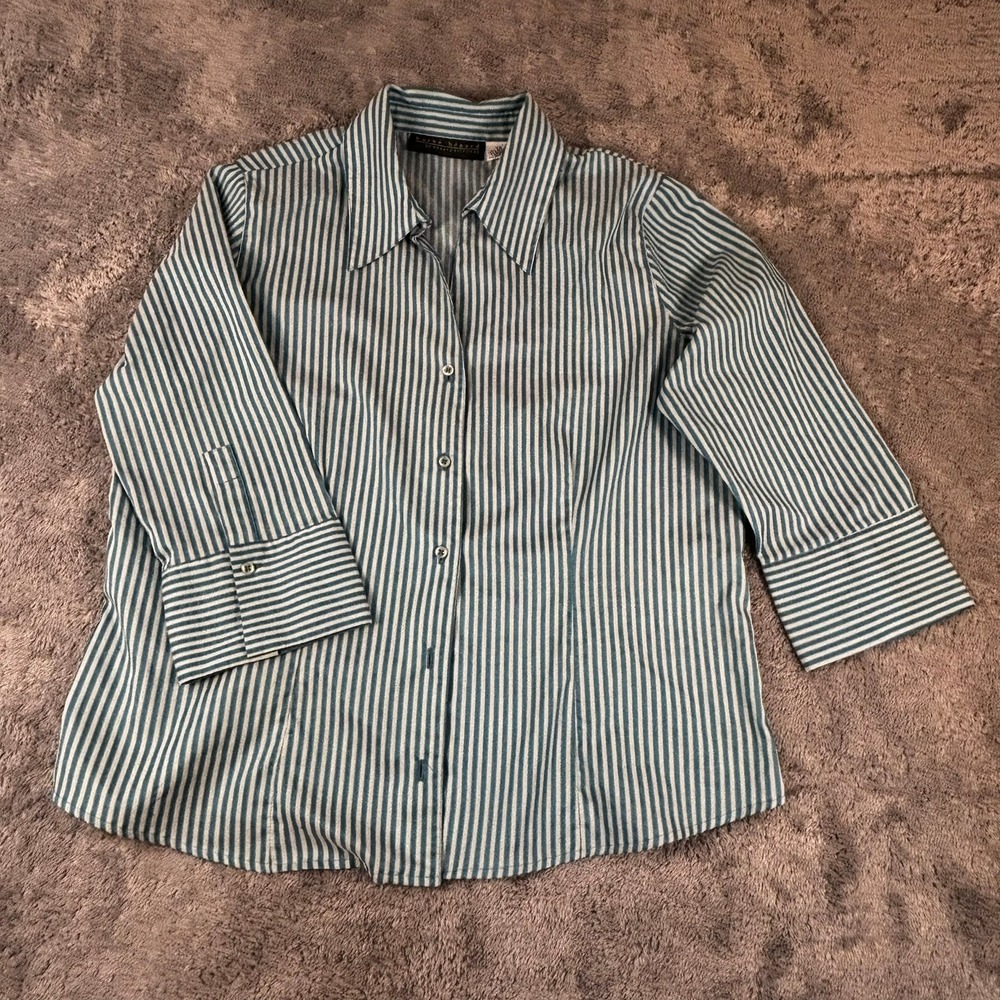 Harve Benard Teal White Striped Button Down Shirt 3/4 Sleeve Plus Size 1X